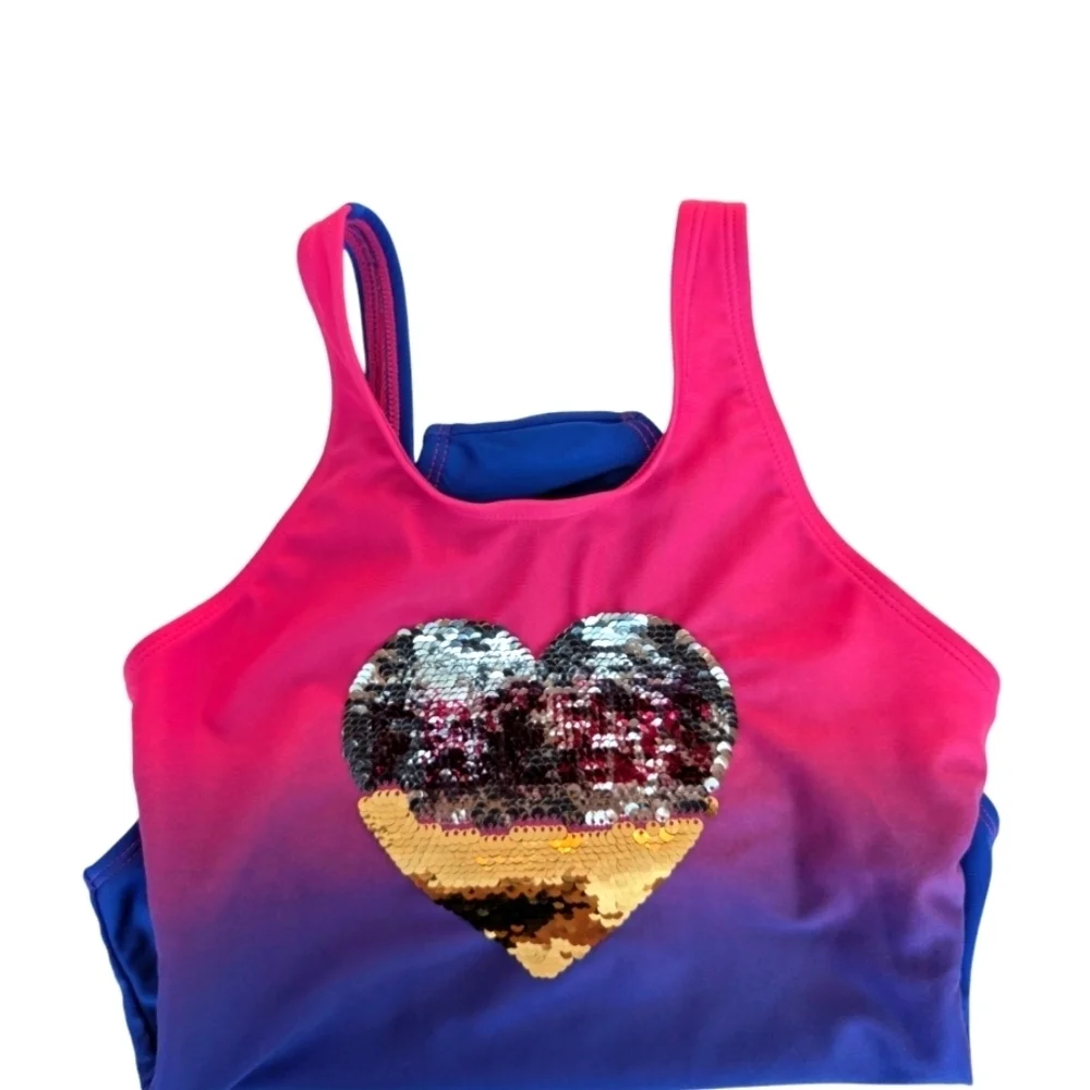 Cat & Jack Girls  Pink and Blue Swimsuit Sequin Heart Size 7-8